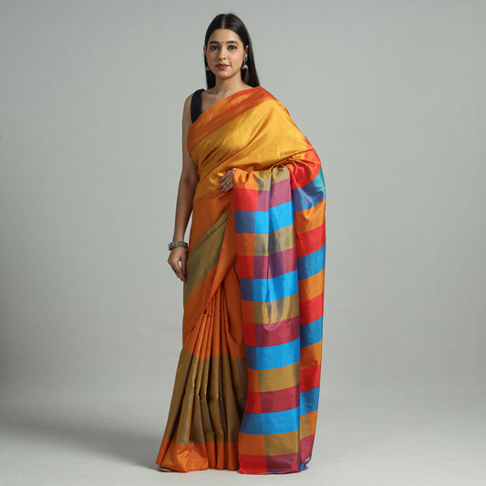 Orange - Bengal Pure Handloom Stripes Katan Silk Saree 03