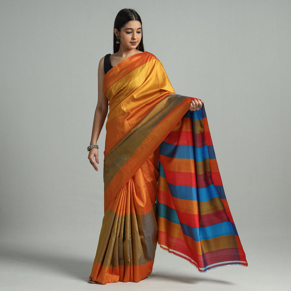 Orange - Bengal Pure Handloom Stripes Katan Silk Saree 03