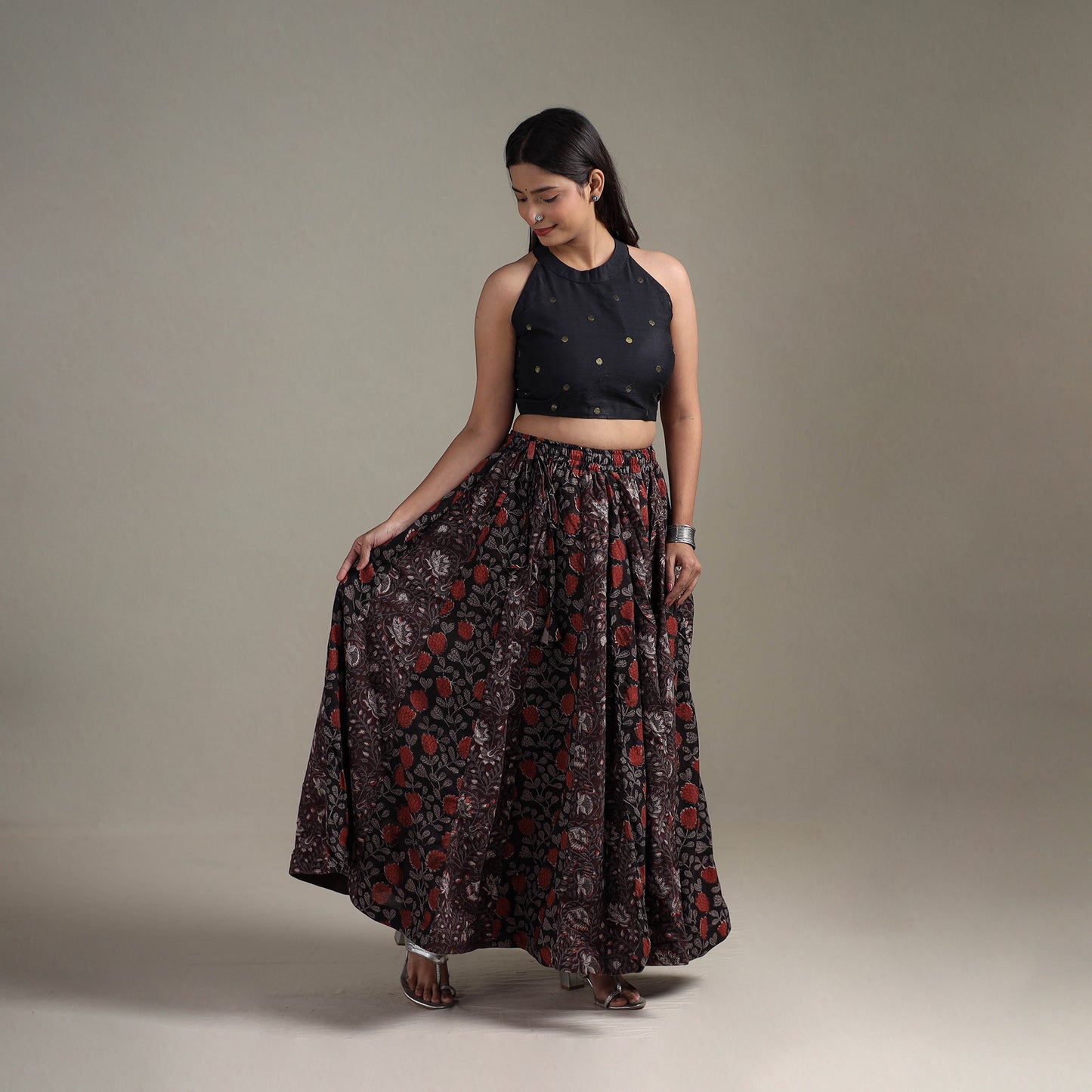 Bagru Hand Block Print 24 Kali Patchwork Natural Dyed Cotton Long Skirt 02