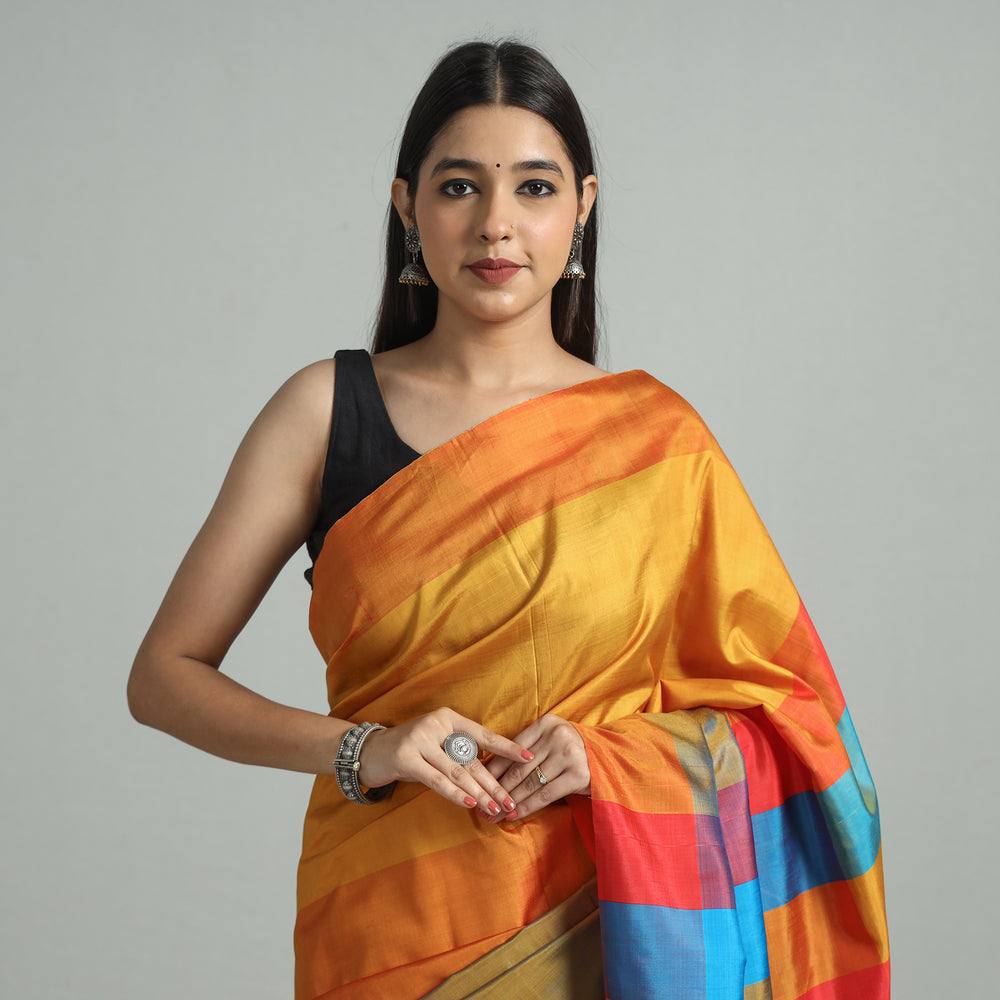 Orange - Bengal Pure Handloom Stripes Katan Silk Saree 03