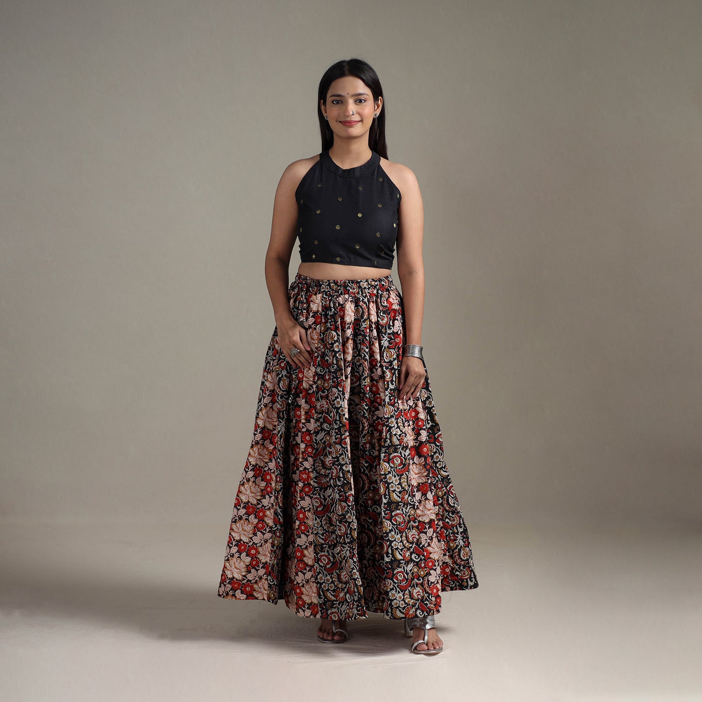 Bagru Hand Block Print 24 Kali Patchwork Natural Dyed Cotton Long Skirt 03