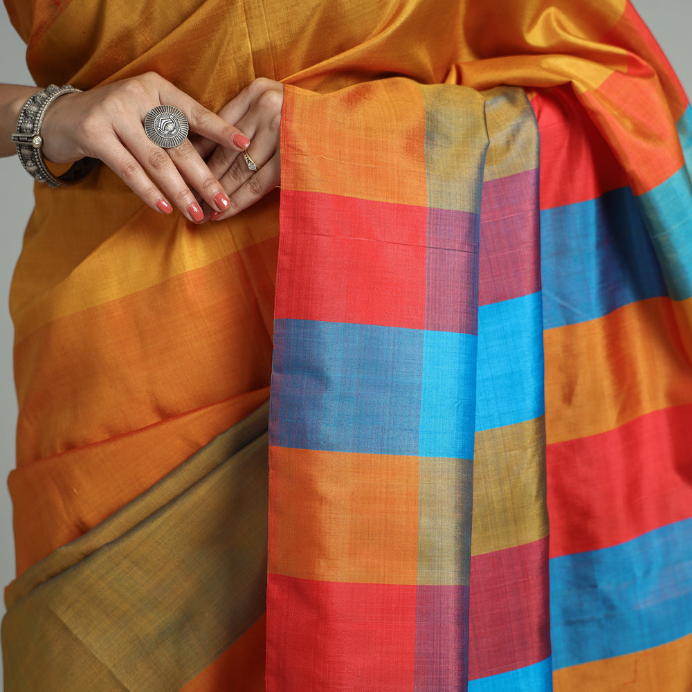 Orange - Bengal Pure Handloom Stripes Katan Silk Saree 03