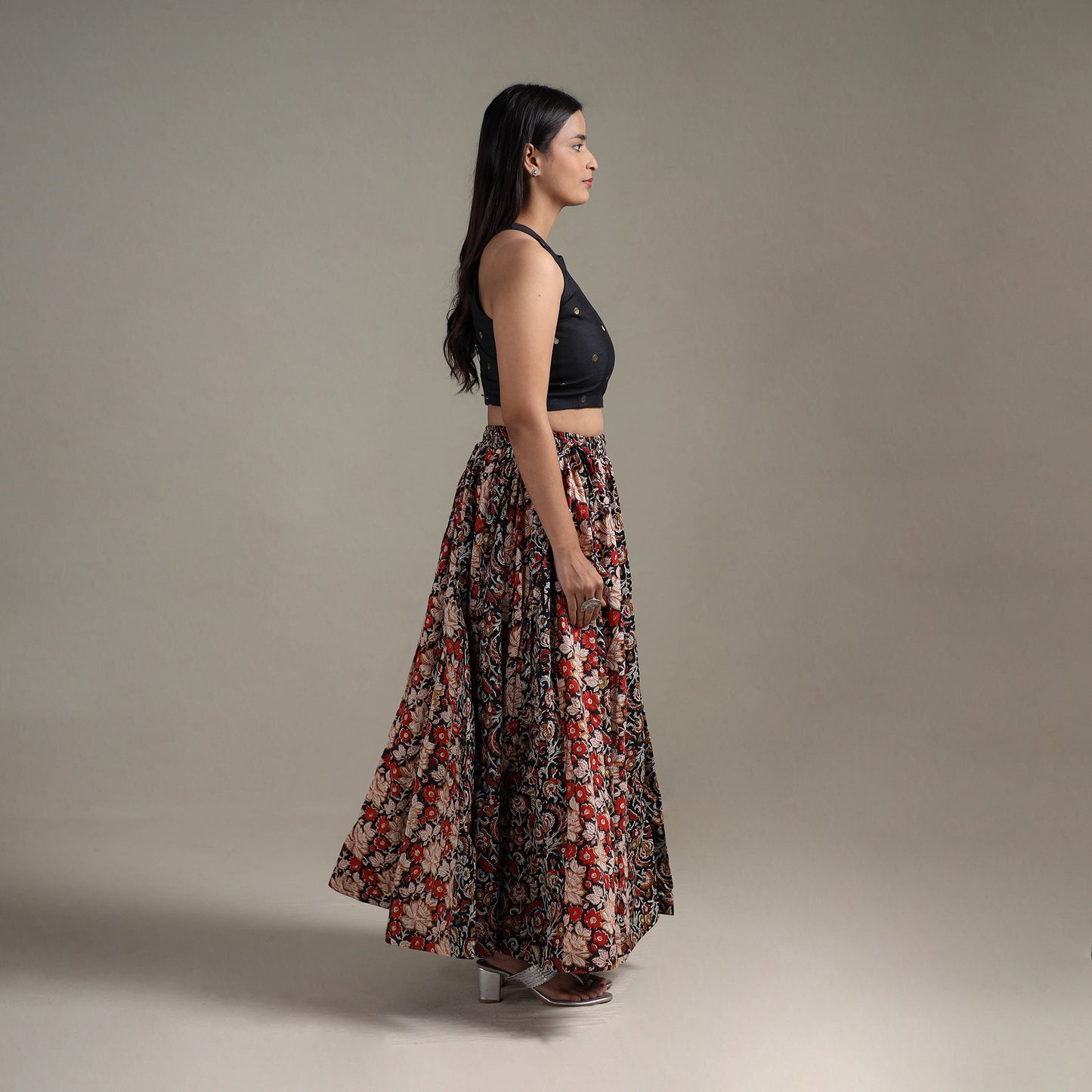 Bagru Hand Block Print 24 Kali Patchwork Natural Dyed Cotton Long Skirt 03