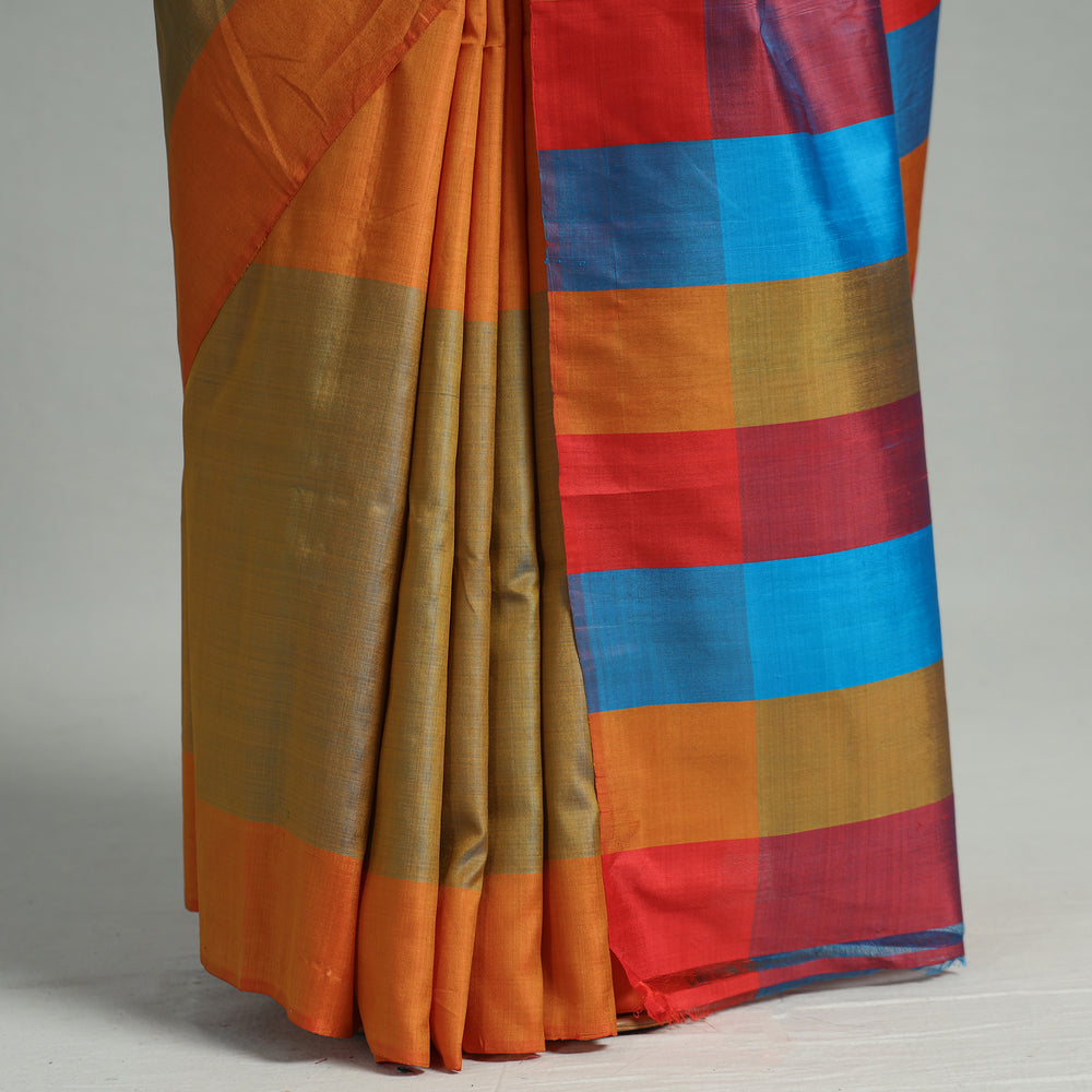 Orange - Bengal Pure Handloom Stripes Katan Silk Saree 03