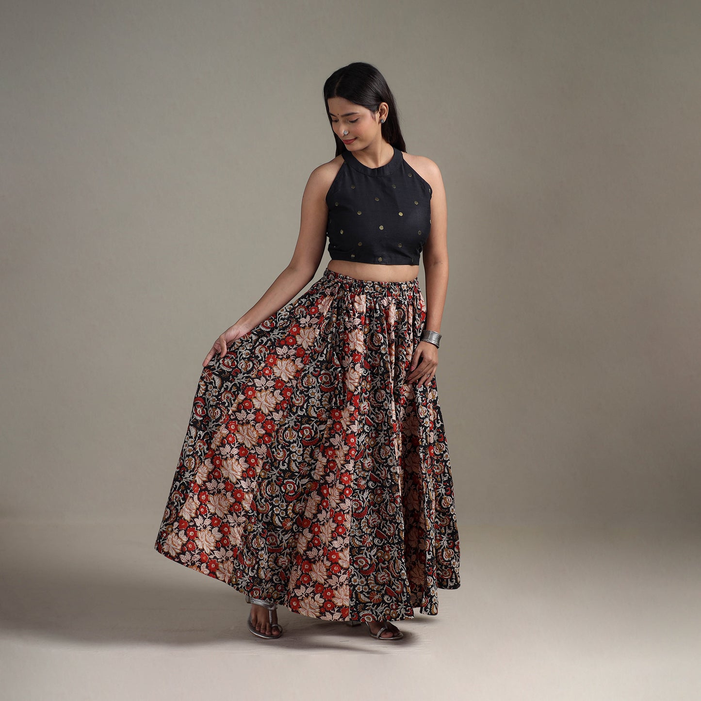 Bagru Hand Block Print 24 Kali Patchwork Natural Dyed Cotton Long Skirt 03