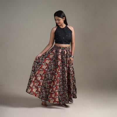 Bagru Hand Block Print 24 Kali Patchwork Natural Dyed Cotton Long Skirt 03