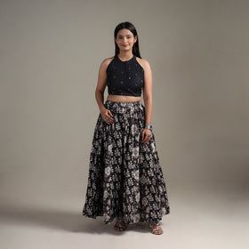 Bagru Hand Block Print 24 Kali Patchwork Natural Dyed Cotton Long Skirt 04