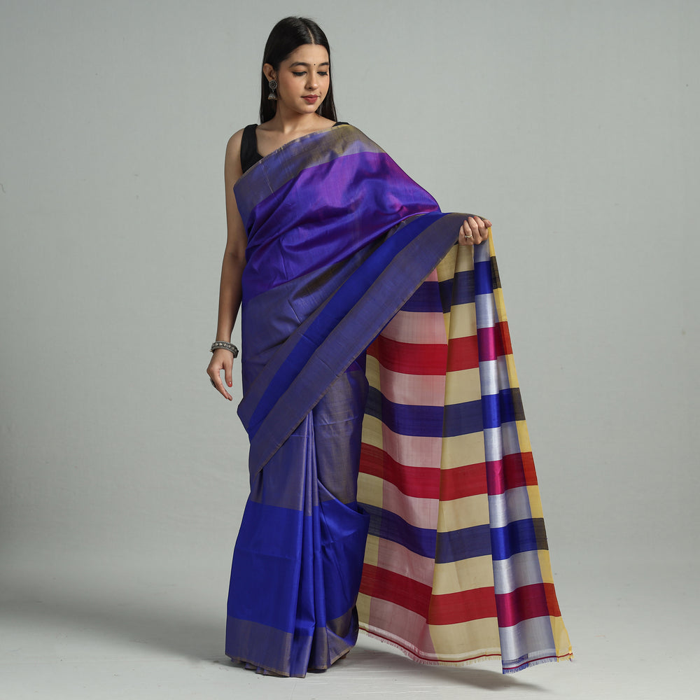 Purple - Bengal Pure Handloom Stripes Katan Silk Saree 05