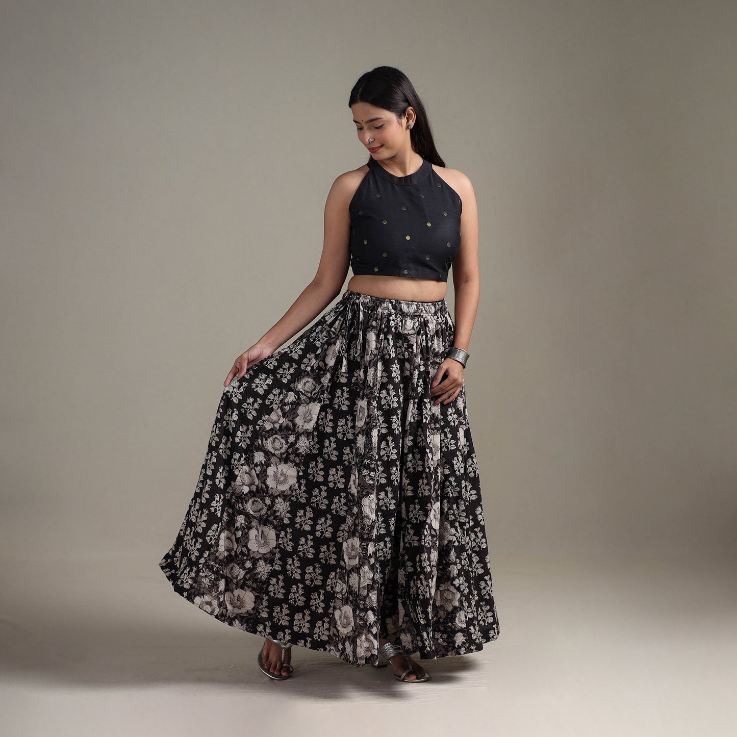 Bagru Hand Block Print 24 Kali Patchwork Natural Dyed Cotton Long Skirt 04