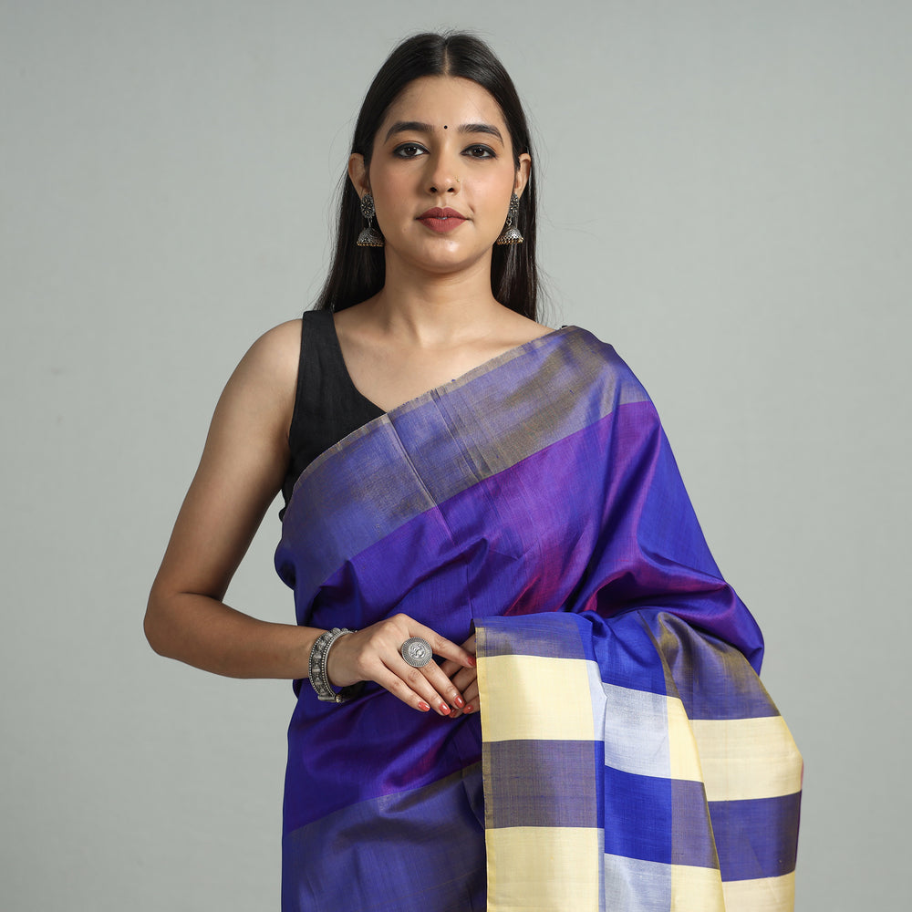 Purple - Bengal Pure Handloom Stripes Katan Silk Saree 05