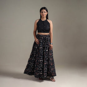 Bagru Hand Block Print 24 Kali Patchwork Natural Dyed Cotton Long Skirt 05