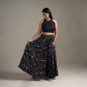 Black - Bagru Hand Block Print 24 Kali Patchwork Natural Dyed Cotton Long Skirt 05