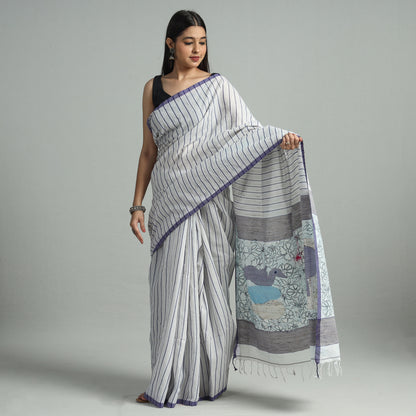Purple - Bengal Kantha Hand Embroidery Handloom Cotton Saree with Tassels 40