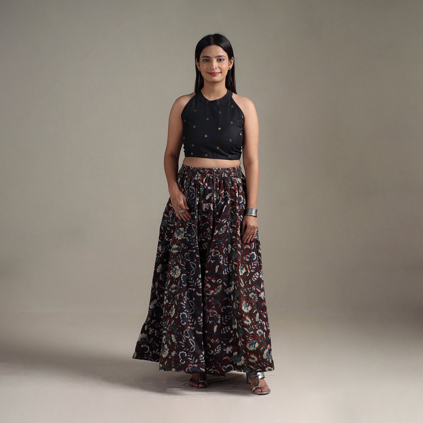 Bagru Hand Block Print 24 Kali Patchwork Natural Dyed Cotton Long Skirt 06