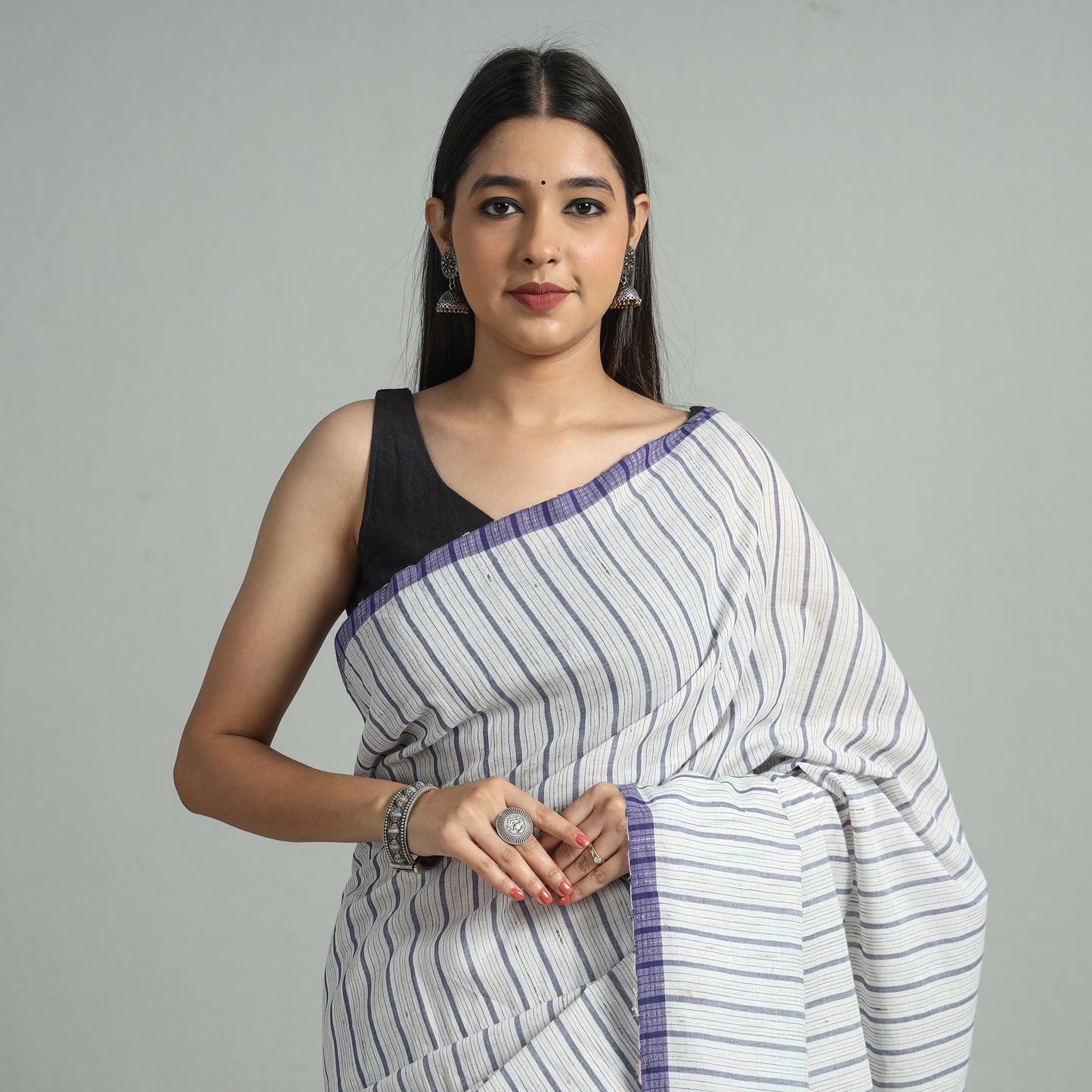 Purple - Bengal Kantha Hand Embroidery Handloom Cotton Saree with Tassels 40