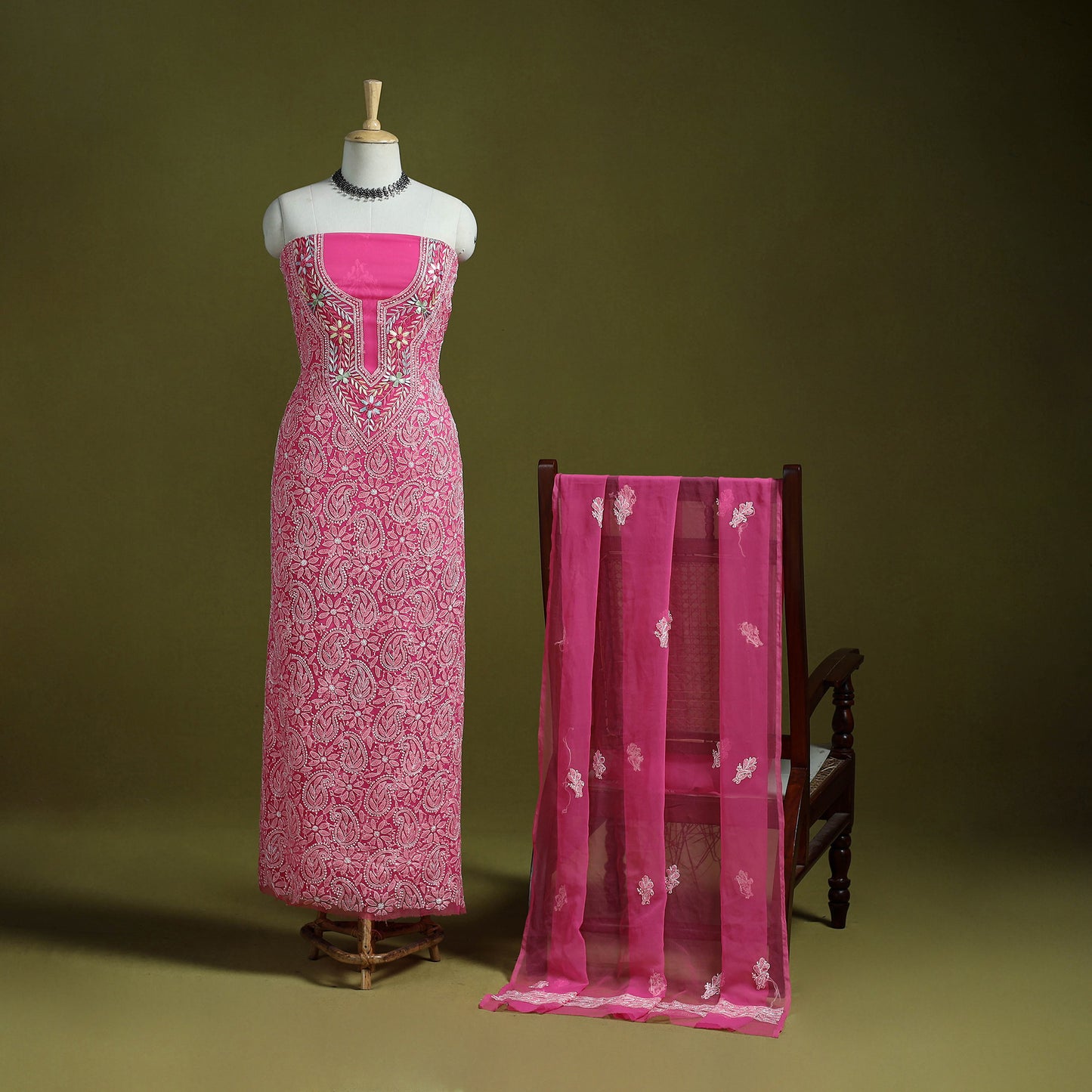 Lucknowi Hand Embroidered Chikankari Georgette 3pc Unstitched Dress Material 03