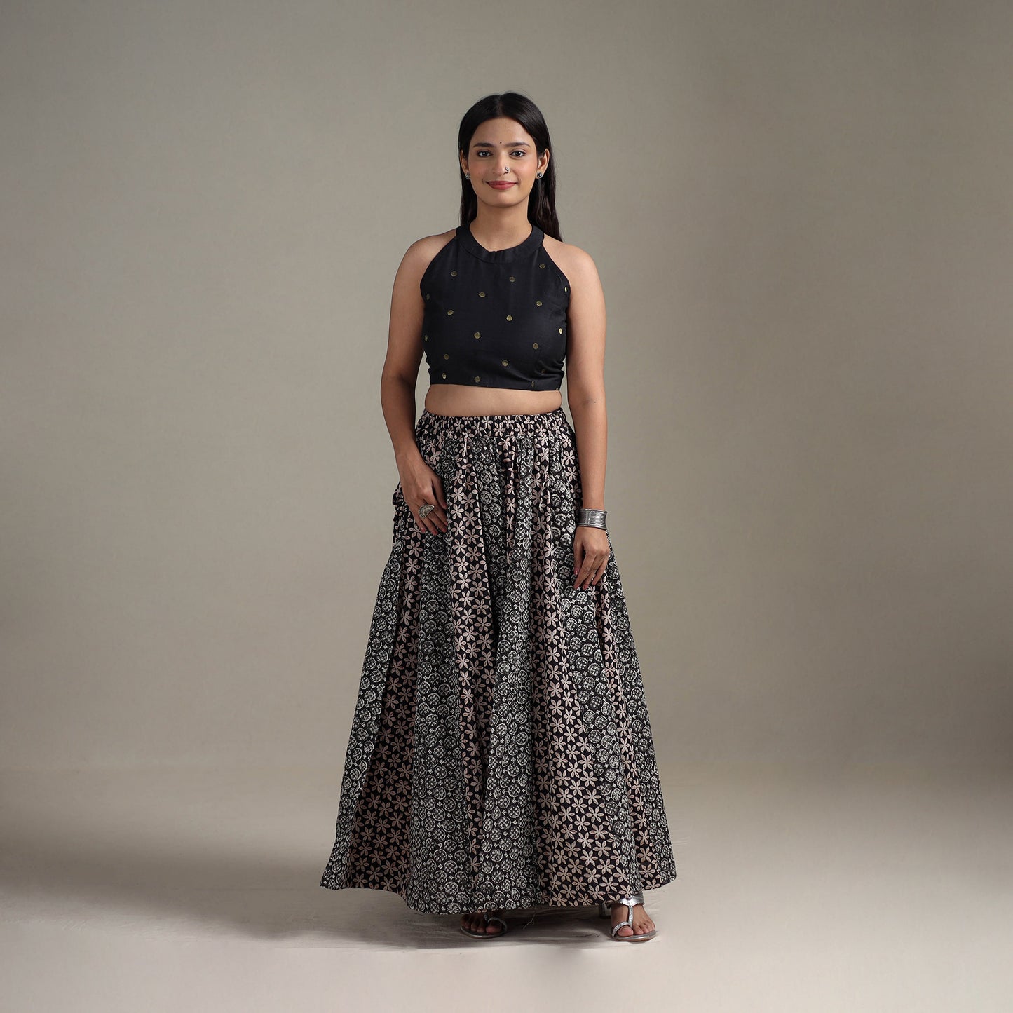 Bagru Hand Block Print 24 Kali Patchwork Natural Dyed Cotton Long Skirt 07