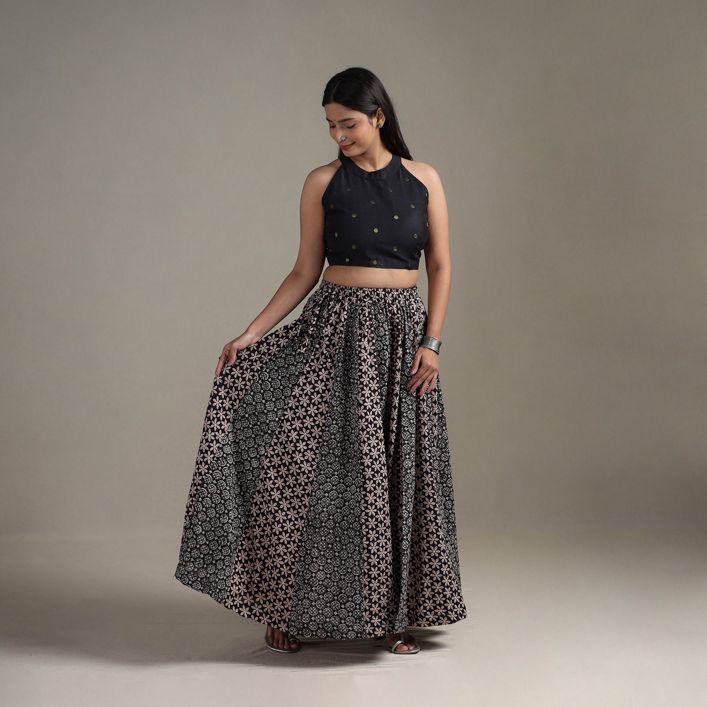 Bagru Hand Block Print 24 Kali Patchwork Natural Dyed Cotton Long Skirt 07