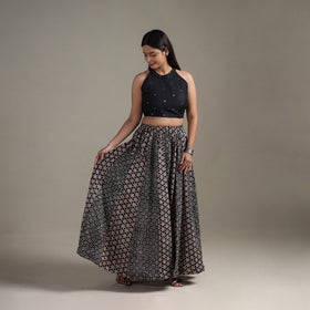 Bagru Hand Block Print 24 Kali Patchwork Natural Dyed Cotton Long Skirt 07