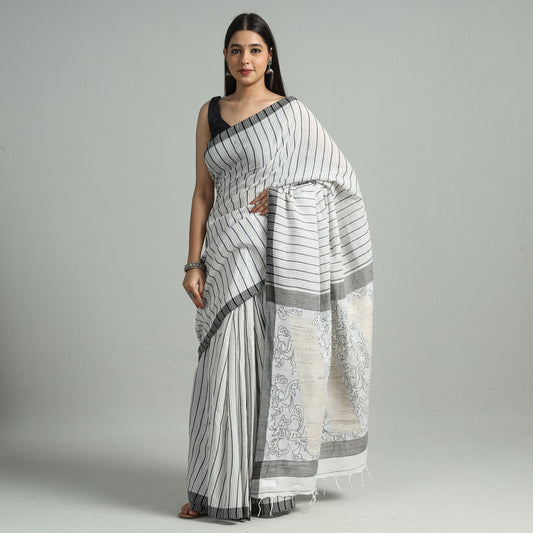 Grey - Bengal Kantha Hand Embroidery Handloom Cotton Saree with Tassels 39