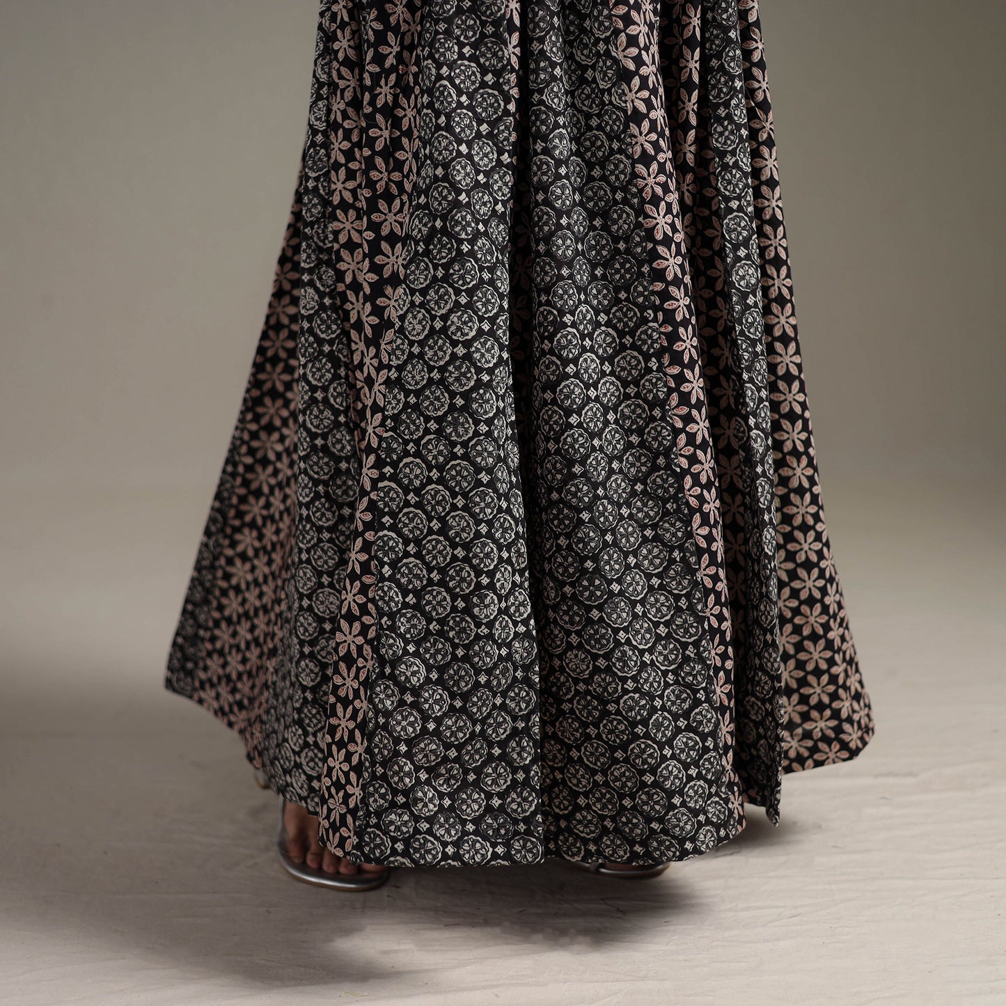 Bagru Hand Block Print 24 Kali Patchwork Natural Dyed Cotton Long Skirt 07