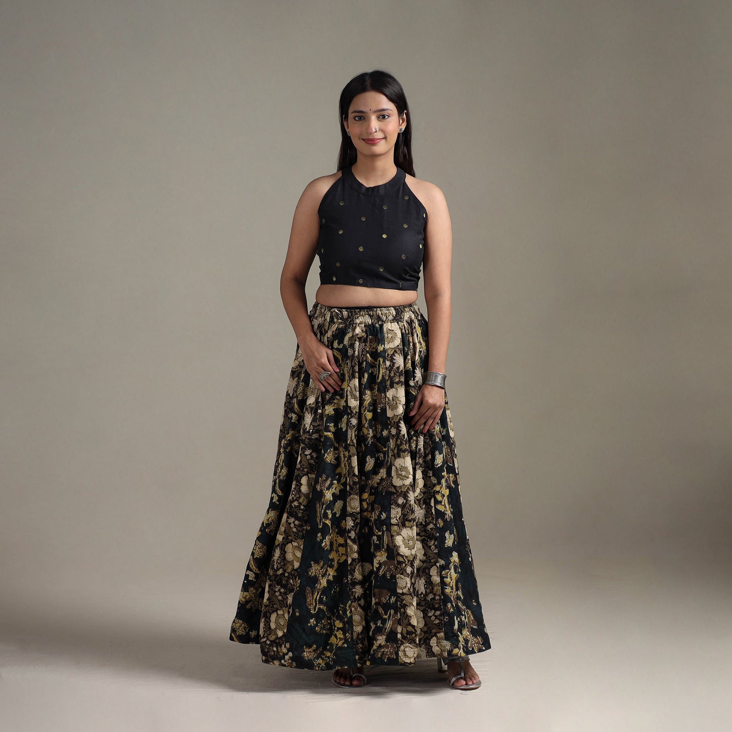 Bagru Hand Block Print 24 Kali Patchwork Natural Dyed Cotton Long Skirt 08