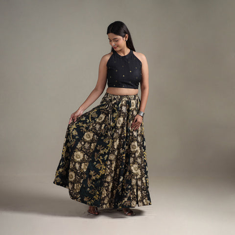 Multicolor -  Bagru Hand Block Print 24 Kali Patchwork Natural Dyed Cotton Long Skirt 08