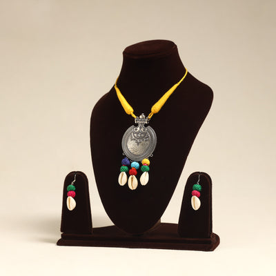 Navratri Special! Yellow German Silver Shell & Thread Beads Necklace Set