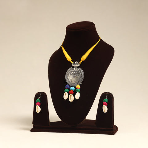 Navratri Special! Yellow German Silver Shell & Thread Beads Necklace Set