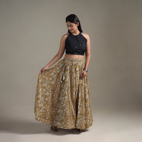 Yellow - Bagru Hand Block Print 24 Kali Patchwork Natural Dyed Cotton Long Skirt 09