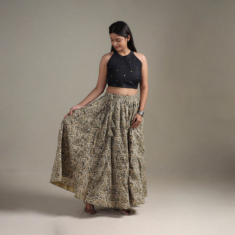 Beige - Bagru Hand Block Print 24 Kali Patchwork Natural Dyed Cotton Long Skirt 10