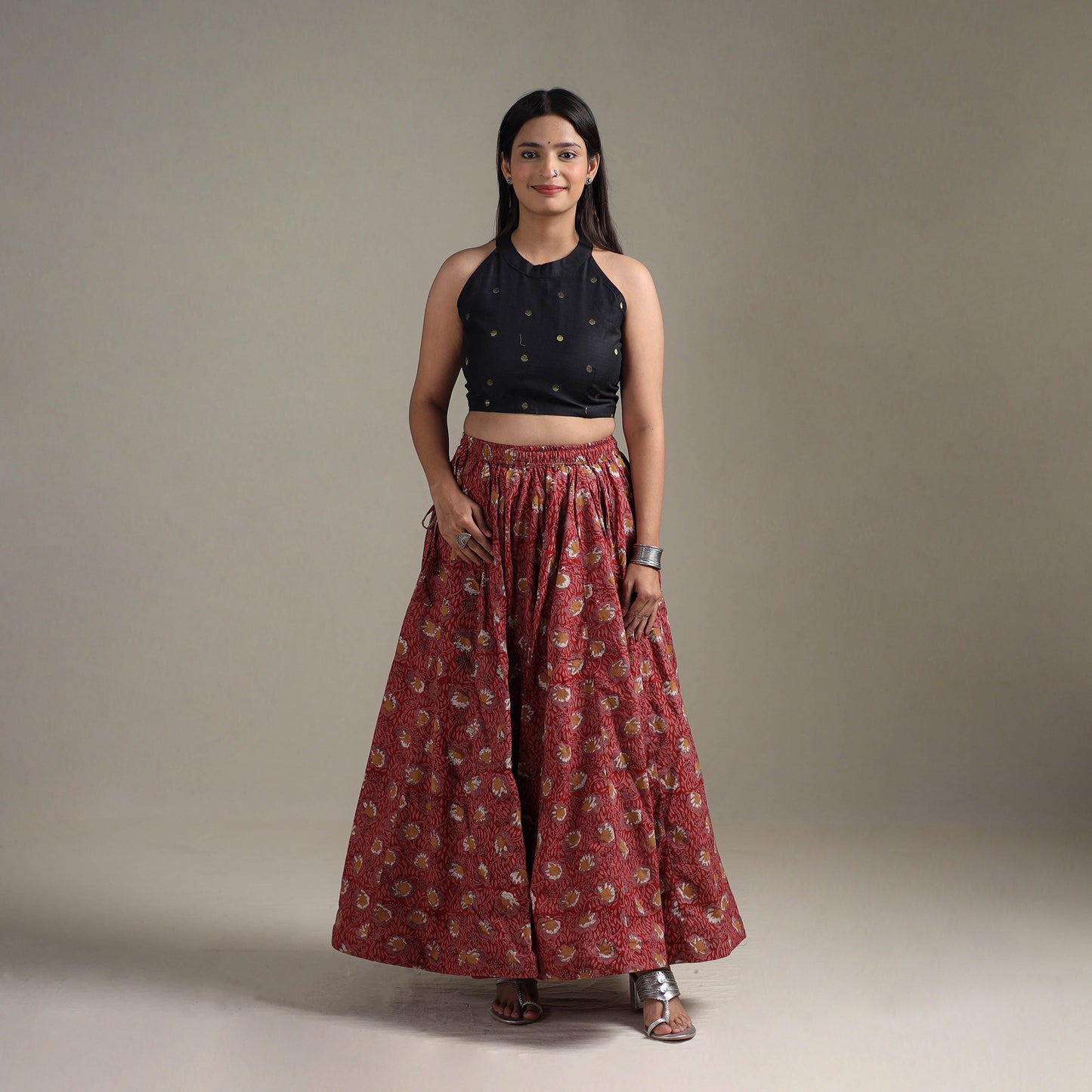 Bagru Hand Block Print 24 Kali Patchwork Natural Dyed Cotton Long Skirt 11