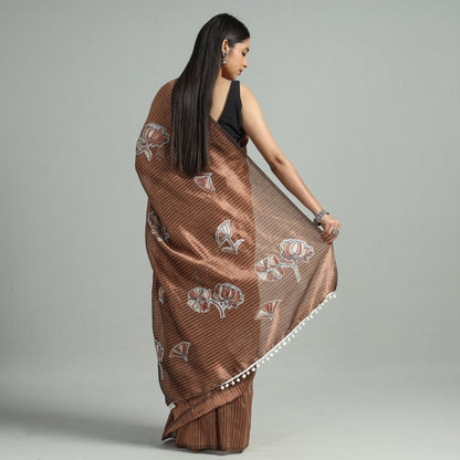 Brown - Bengal Kantha Embroidery Handloom Kota Doria Zari Work Saree 12