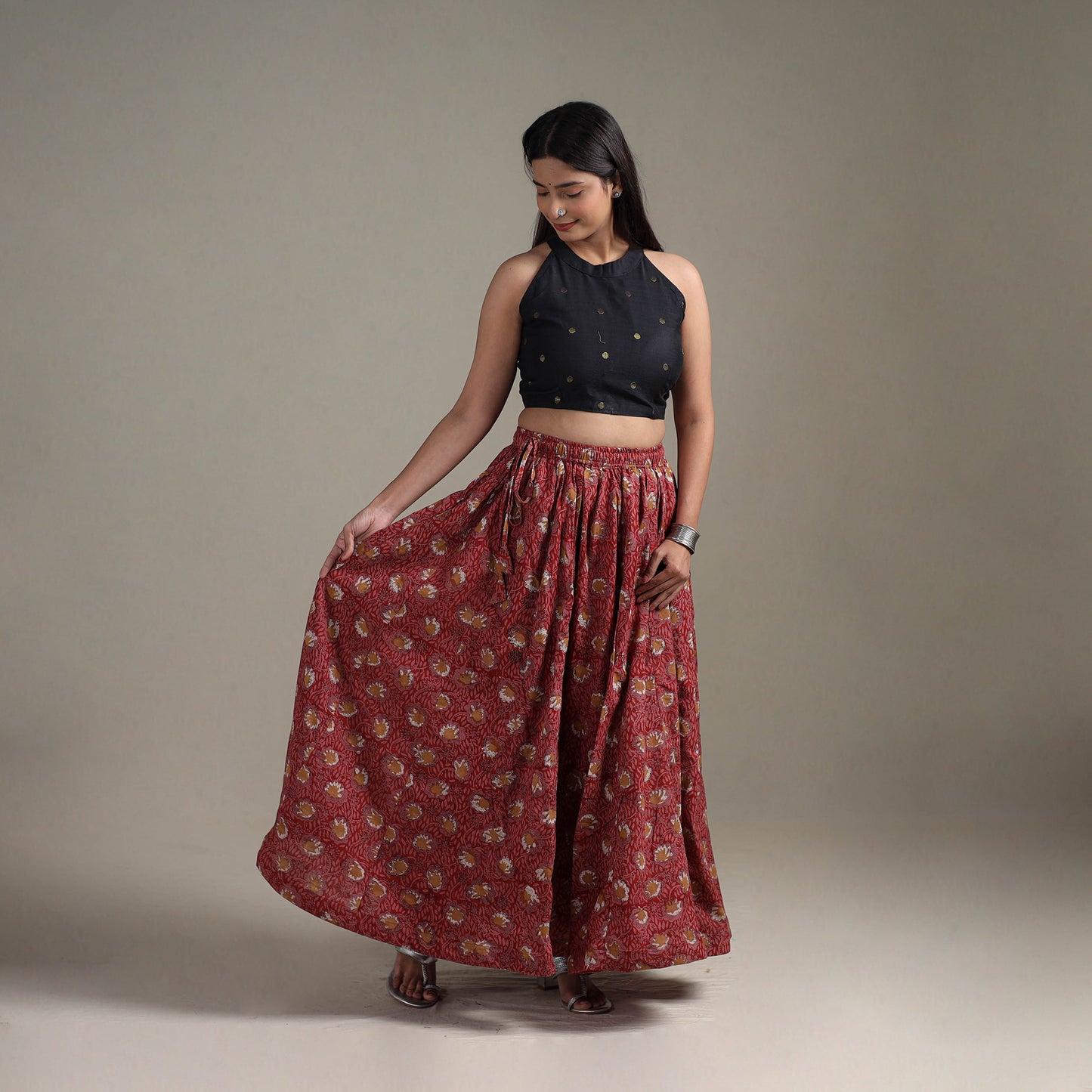 Bagru Hand Block Print 24 Kali Patchwork Natural Dyed Cotton Long Skirt 11