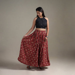 Red - Bagru Hand Block Print 24 Kali Patchwork Natural Dyed Cotton Long Skirt 11