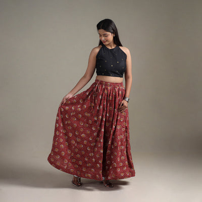 Bagru Hand Block Print 24 Kali Patchwork Natural Dyed Cotton Long Skirt 11