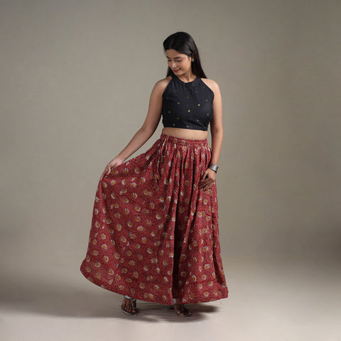 Red - Bagru Hand Block Print 24 Kali Patchwork Natural Dyed Cotton Long Skirt 11