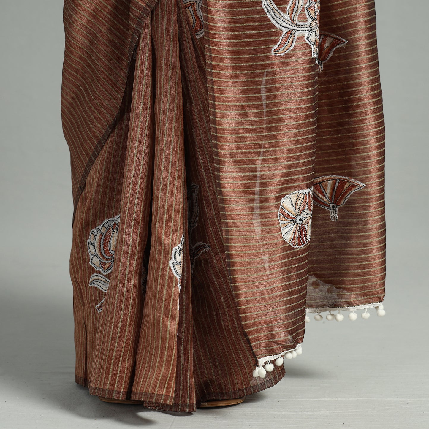 Brown - Bengal Kantha Embroidery Handloom Kota Doria Zari Work Saree 12