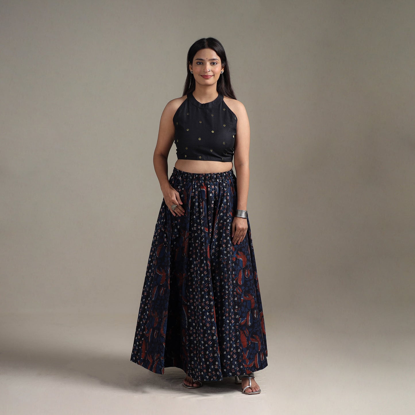 Bagru Hand Block Print 24 Kali Patchwork Natural Dyed Cotton Long Skirt 12