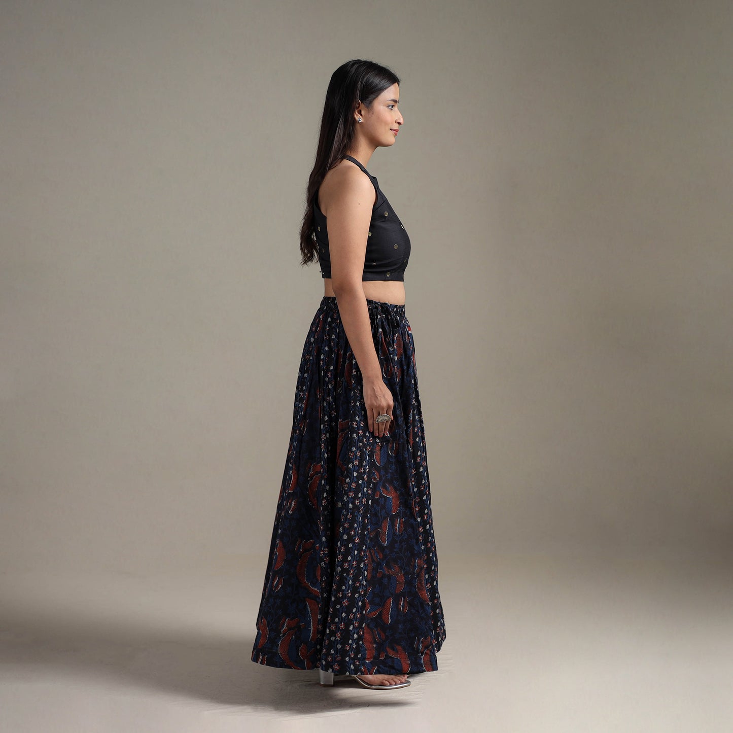 Bagru Hand Block Print 24 Kali Patchwork Natural Dyed Cotton Long Skirt 12