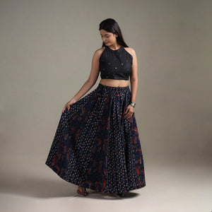 Blue - Bagru Hand Block Print 24 Kali Patchwork Natural Dyed Cotton Long Skirt 12