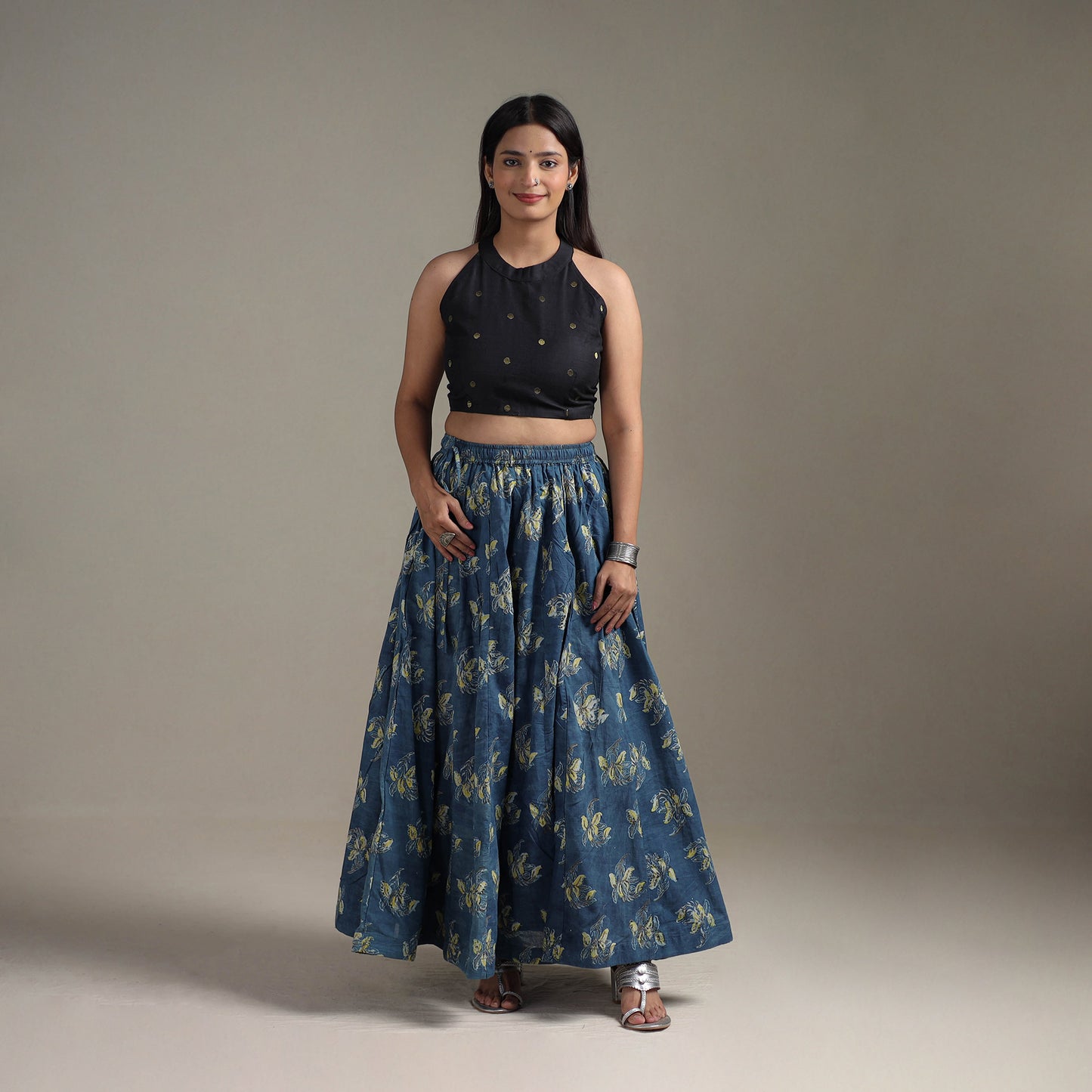 Bagru Hand Block Print 24 Kali Patchwork Natural Dyed Cotton Long Skirt 13