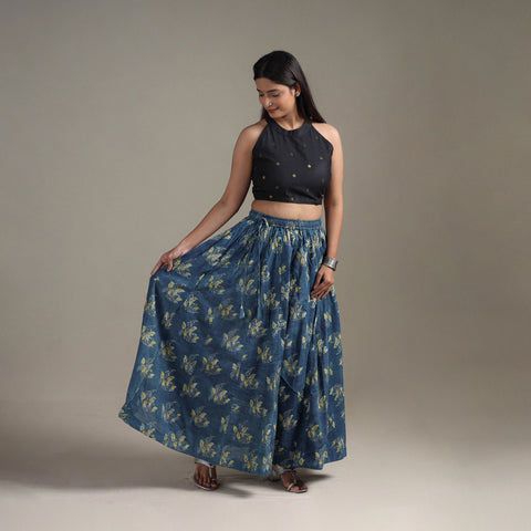 Blue - Bagru Hand Block Print 24 Kali Patchwork Natural Dyed Cotton Long Skirt 13
