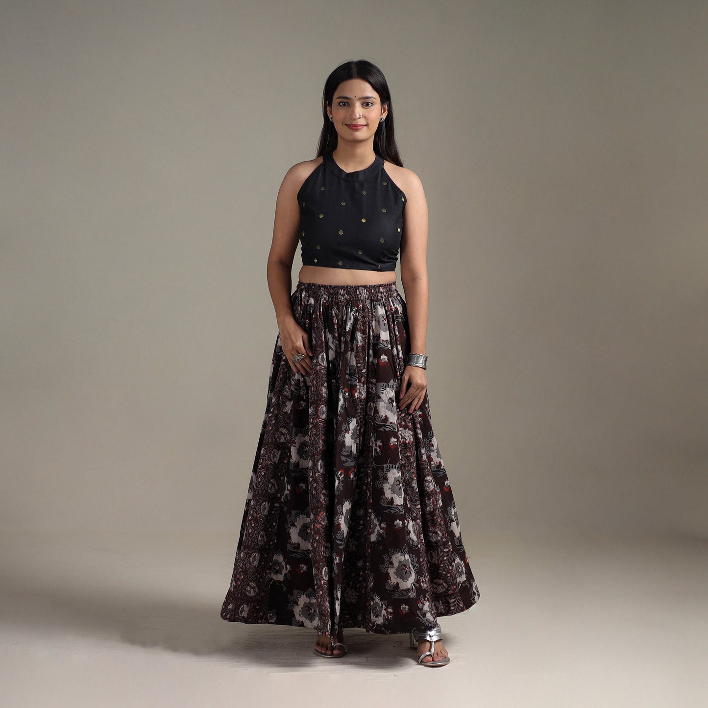 Bagru Hand Block Print 24 Kali Patchwork Natural Dyed Cotton Long Skirt 14