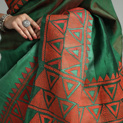 Green - Bengal Kantha Embroidery Pure Handloom Desi Tussar Silk Saree 34