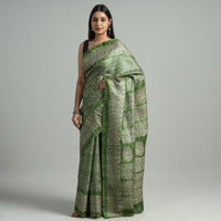 Green - Bengal Block Printed Handloom Tussar Ghicha Silk Saree 02