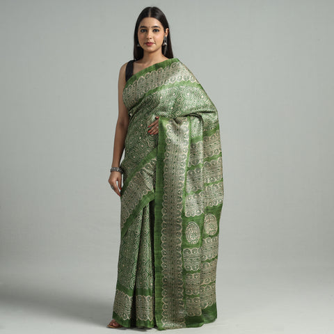 Green - Bengal Block Printed Handloom Tussar Ghicha Silk Saree 02