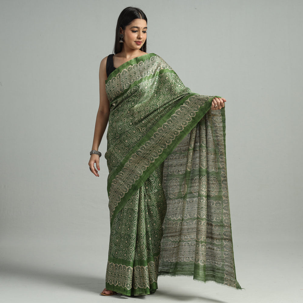 Green - Bengal Block Printed Handloom Tussar Ghicha Silk Saree 02