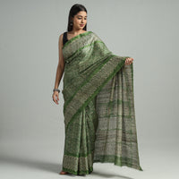 Green - Bengal Block Printed Handloom Tussar Ghicha Silk Saree 02