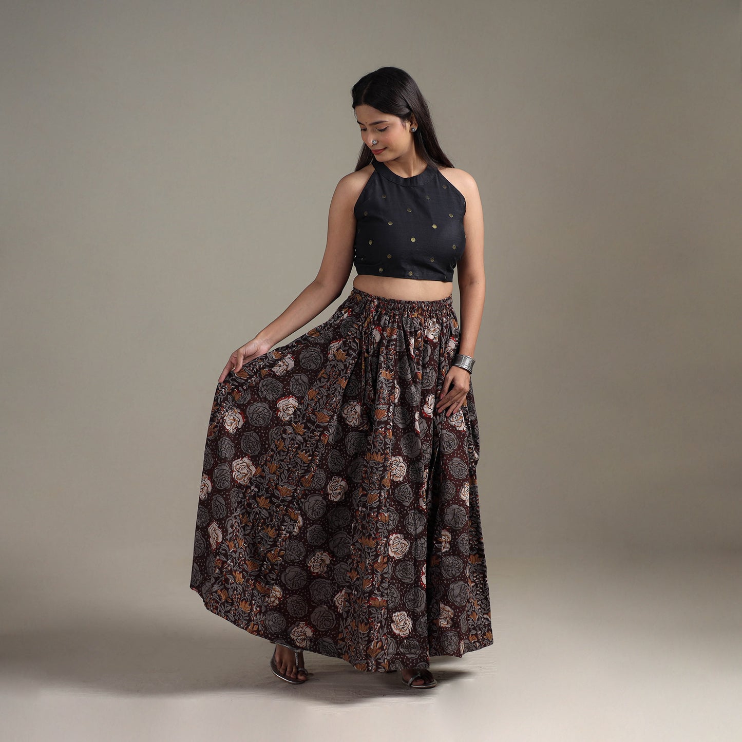 Bagru Hand Block Print 24 Kali Patchwork Natural Dyed Cotton Long Skirt 15